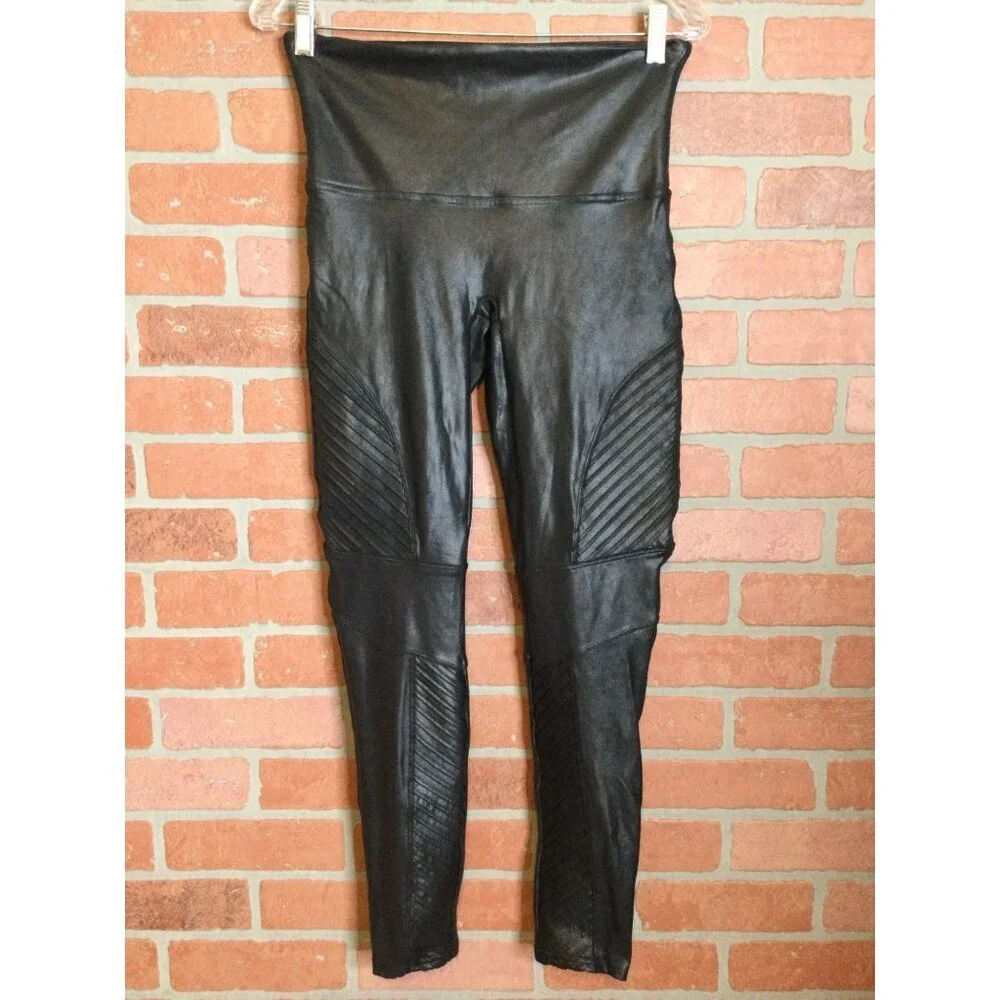 SPANX Womens Leggings Size XL Black Moto Shiny Stretchy Slimming